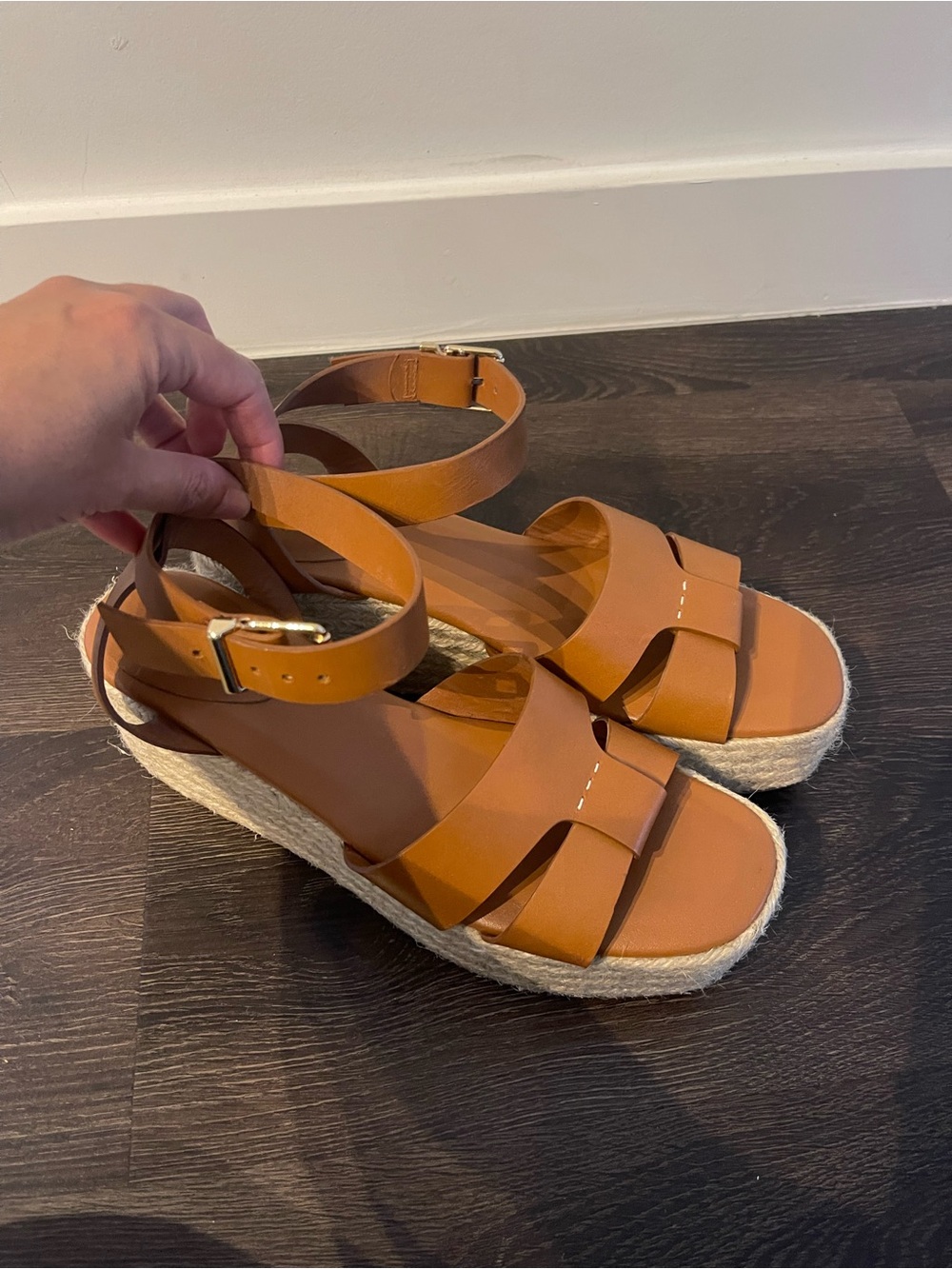 Zara Cognac Brown Espadrille Platform Sandals with Ankle Strap